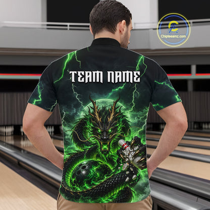 Green Thunder Lightning Dragon Bowling Shirt for Men Custom Team Bowling Jersey Polo & Quarter-Zip QZT1363