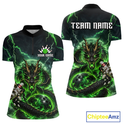 Green Thunder Lightning Dragon Bowling Shirt for Women Custom Team Bowling Jersey Polo & Quarter-Zip QZT1363