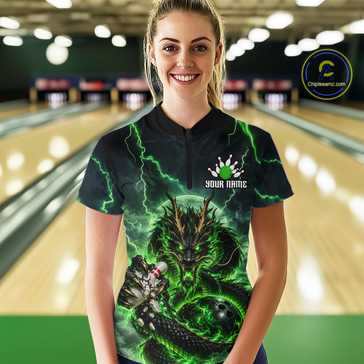 Green Thunder Lightning Dragon Bowling Shirt for Women Custom Team Bowling Jersey Polo & Quarter-Zip QZT1363