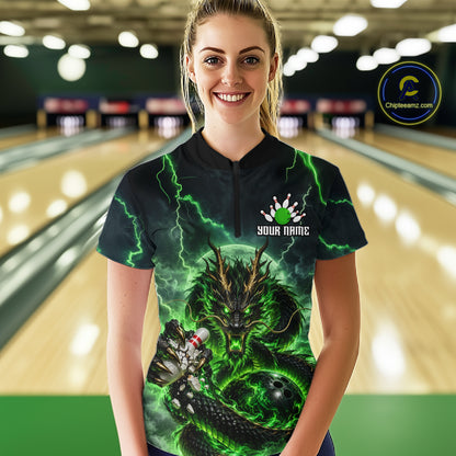 Green Thunder Lightning Dragon Bowling Shirt for Women Custom Team Bowling Jersey Polo & Quarter-Zip QZT1363
