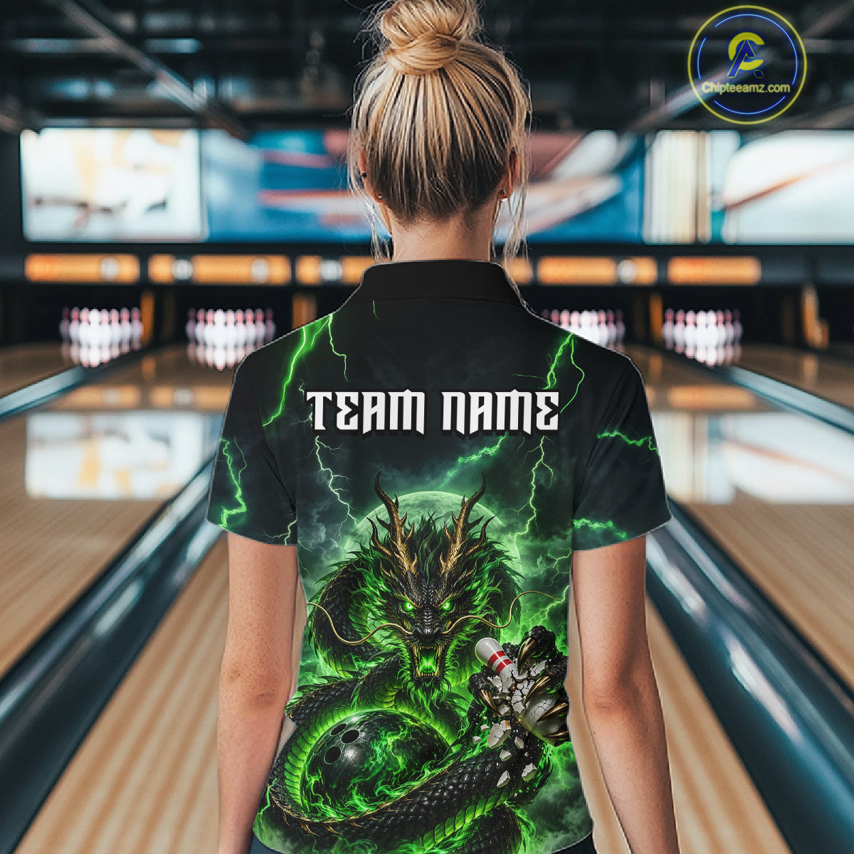Green Thunder Lightning Dragon Bowling Shirt for Women Custom Team Bowling Jersey Polo & Quarter-Zip QZT1363