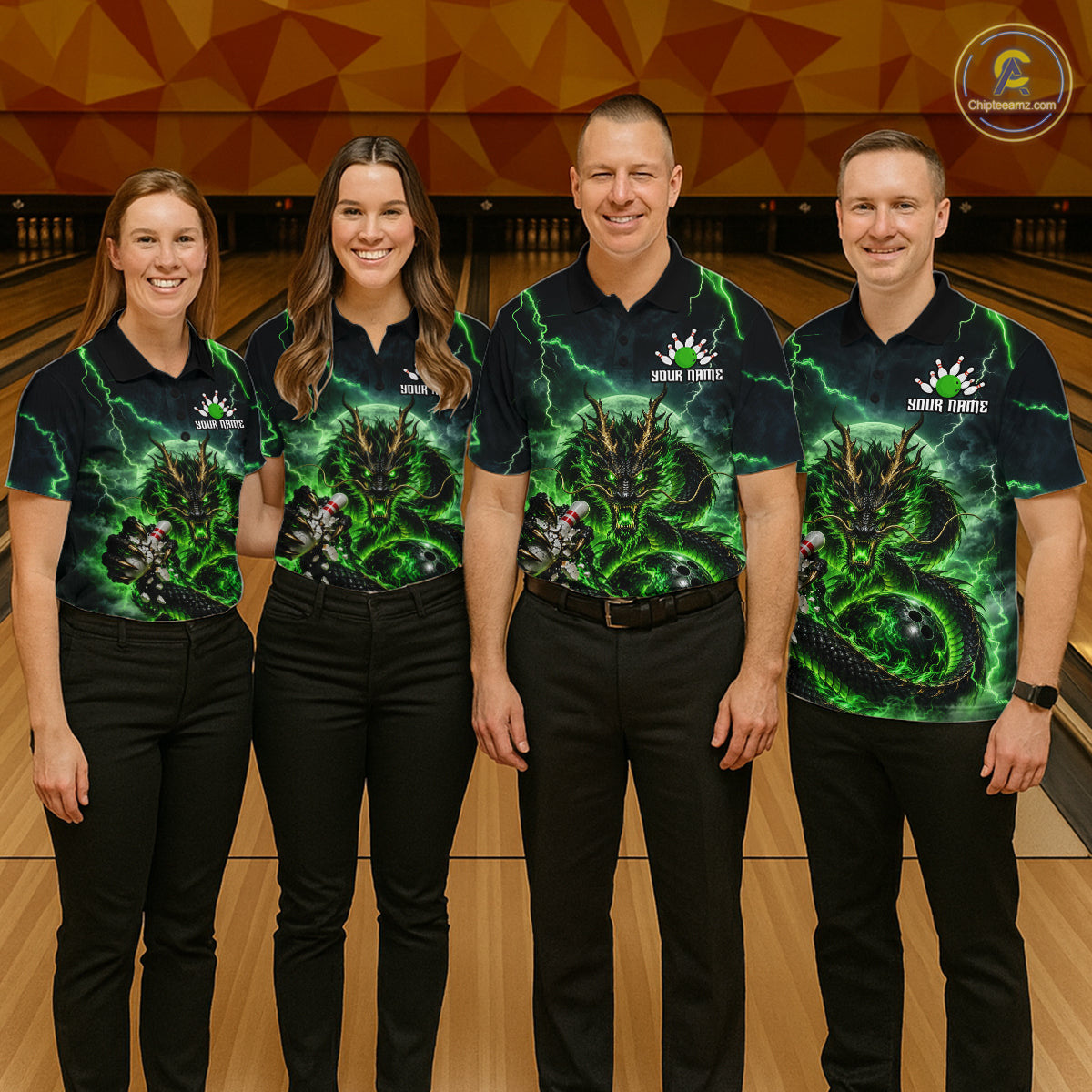 Green Thunder Lightning Dragon Bowling Shirt for Men Custom Team Bowling Jersey Polo & Quarter-Zip QZT1363