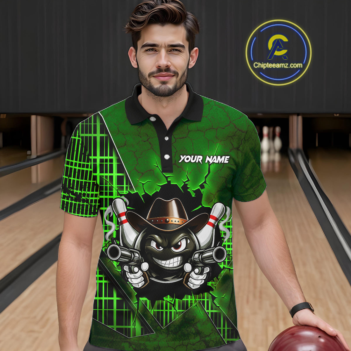 Custom Green Funny Cowboy Gun Bowling Shirt for Men Bowling Team Jersey Bowling Polo & Quarter-Zip QZT915