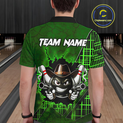 Custom Green Funny Cowboy Gun Bowling Shirt for Men Bowling Team Jersey Bowling Polo & Quarter-Zip QZT915