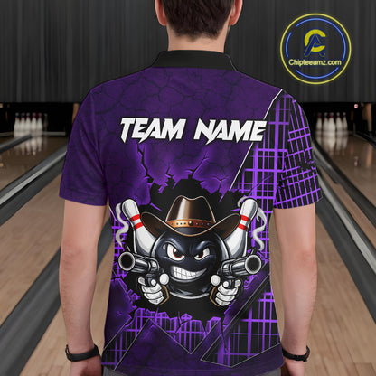 Custom Purple Funny Cowboy Gun Bowling Shirt for Men Bowling Team Jersey Bowling Polo & Quarter-Zip QZT915