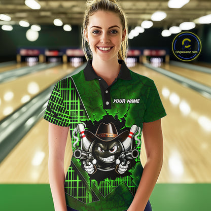 Custom Green Funny Cowboy Gun Bowling Shirt for Women Bowling Team Jersey Bowling Polo & Quarter-Zip  QZT915