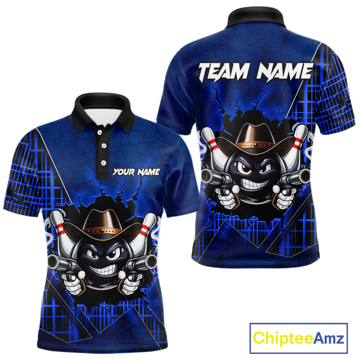 Custom Blue Funny Cowboy Gun Bowling Shirt for Men Bowling Team Jersey Bowling Polo & Quarter-Zip QZT915