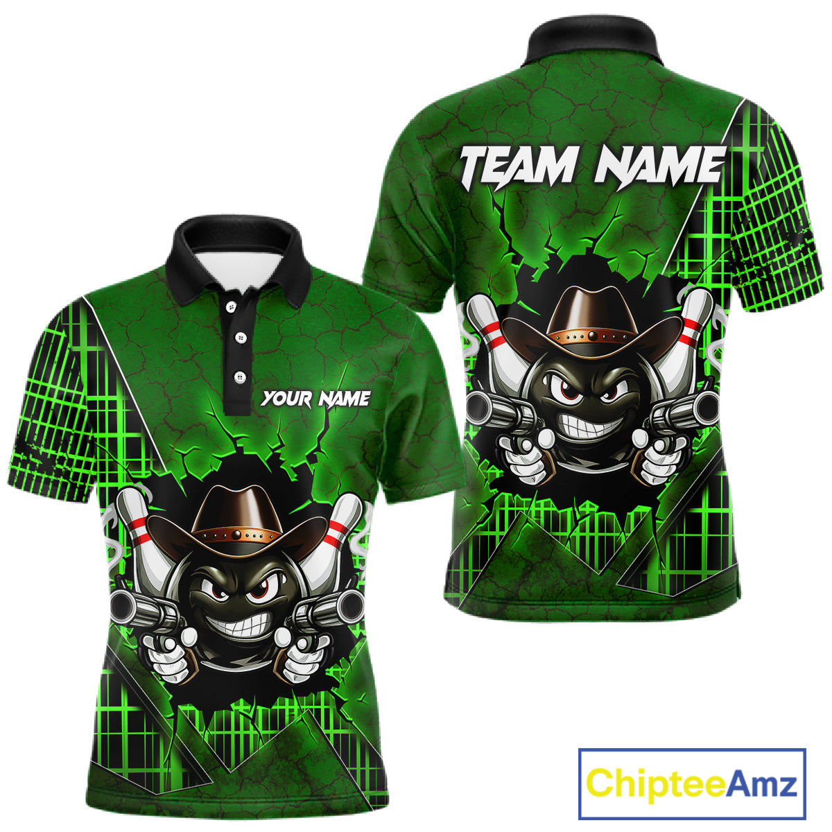 Custom Green Funny Cowboy Gun Bowling Shirt for Men Bowling Team Jersey Bowling Polo & Quarter-Zip QZT915