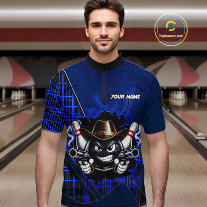 Custom Blue Funny Cowboy Gun Bowling Shirt for Men Bowling Team Jersey Bowling Polo & Quarter-Zip QZT915