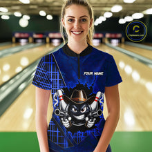 Load image into Gallery viewer, Custom Blue Funny Cowboy Gun Bowling Shirt for Women Bowling Team Jersey Bowling Polo &amp; Quarter-Zip  QZT915