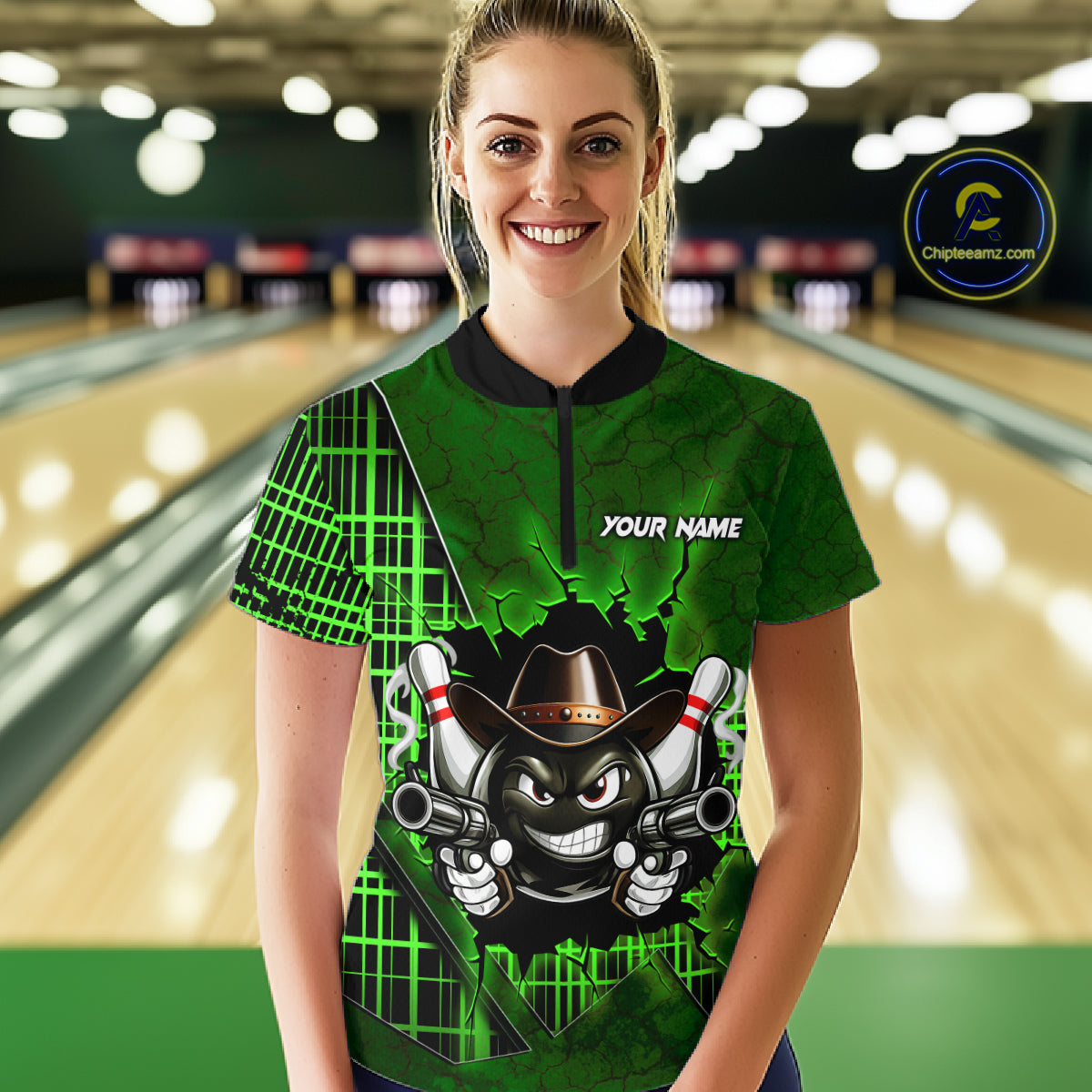 Custom Green Funny Cowboy Gun Bowling Shirt for Women Bowling Team Jersey Bowling Polo & Quarter-Zip  QZT915