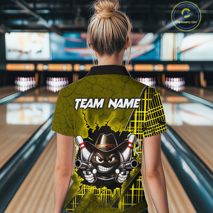 Custom Yellow Funny Cowboy Gun Bowling Shirt for Women Bowling Team Jersey Bowling Polo & Quarter-Zip QZT915