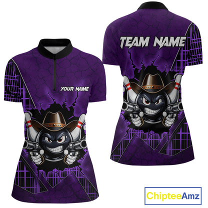 Custom Purple Funny Cowboy Gun Bowling Shirt for Women Bowling Team Jersey Bowling Polo & Quarter-Zip  QZT915