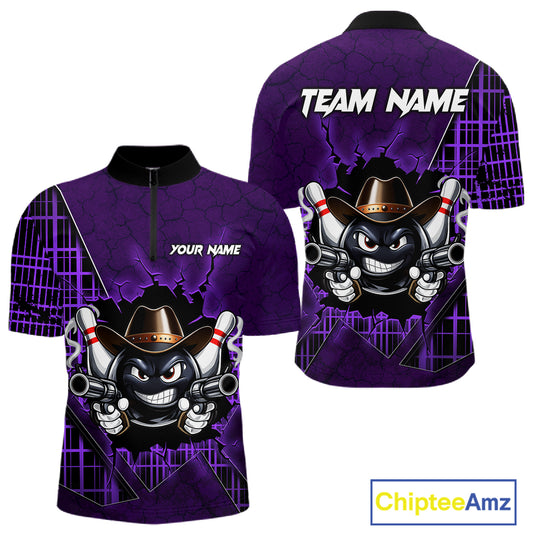 Custom Purple Funny Cowboy Gun Bowling Shirt for Men Bowling Team Jersey Bowling Polo & Quarter-Zip QZT915