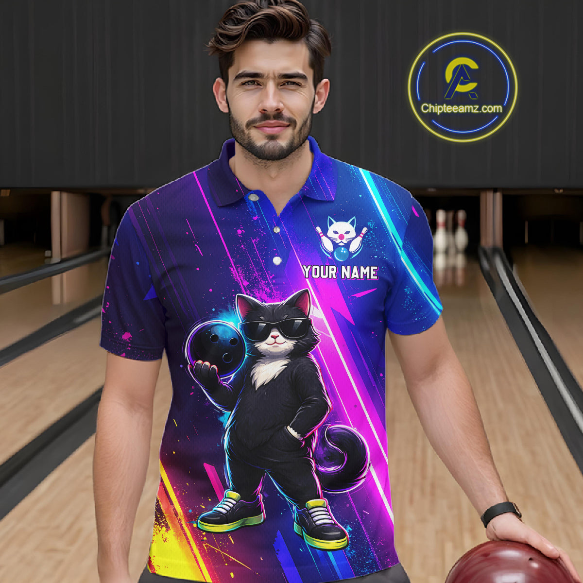 Personalized Neon Funny Cat Bowling Team Shirt for Men Bowling League Jersey Polo & Quarter-Zip Bowling Outfit QZT916