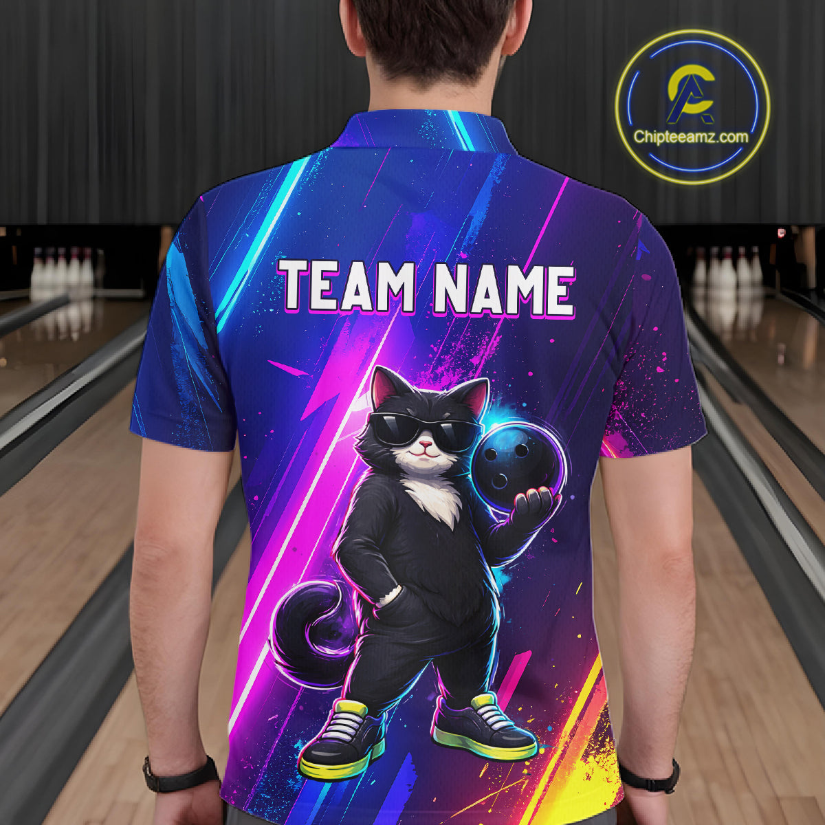 Personalized Neon Funny Cat Bowling Team Shirt for Men Bowling League Jersey Polo & Quarter-Zip Bowling Outfit QZT916