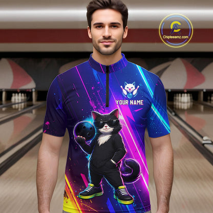 Personalized Neon Funny Cat Bowling Team Shirt for Men Bowling League Jersey Polo & Quarter-Zip Bowling Outfit QZT916