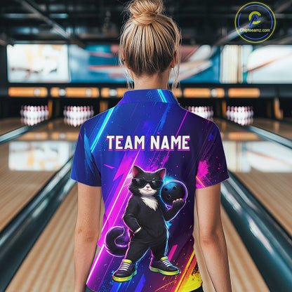 Personalized Neon Funny Cat Bowling Team Shirt for Women Bowling League Jersey Polo & Quarter-Zip Bowling Outfit QZT916