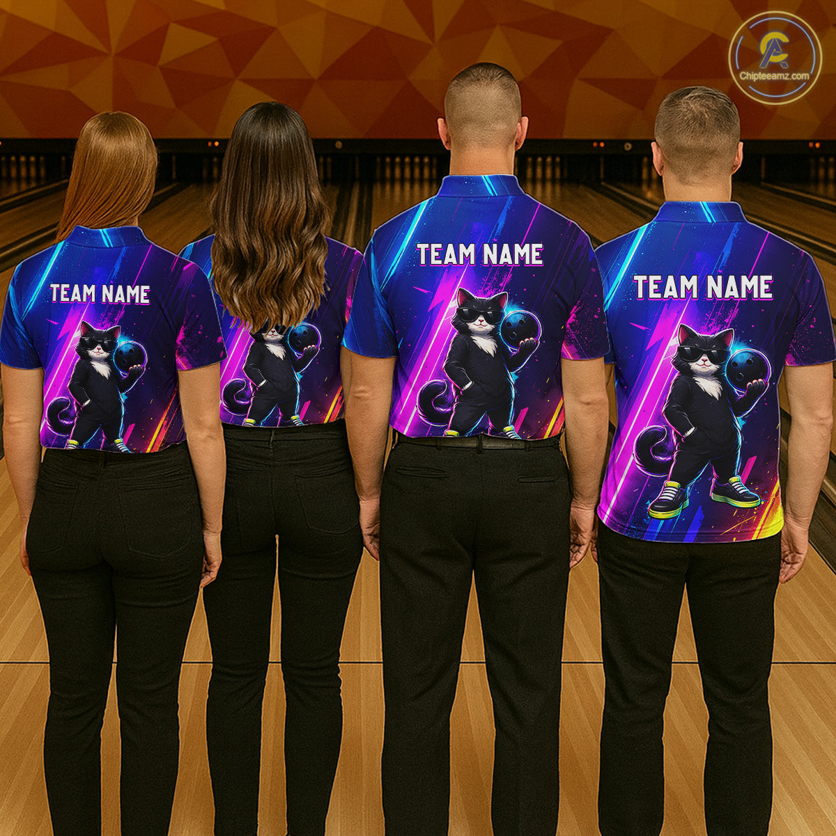Personalized Neon Funny Cat Bowling Team Shirt for Men Bowling League Jersey Polo & Quarter-Zip Bowling Outfit QZT916