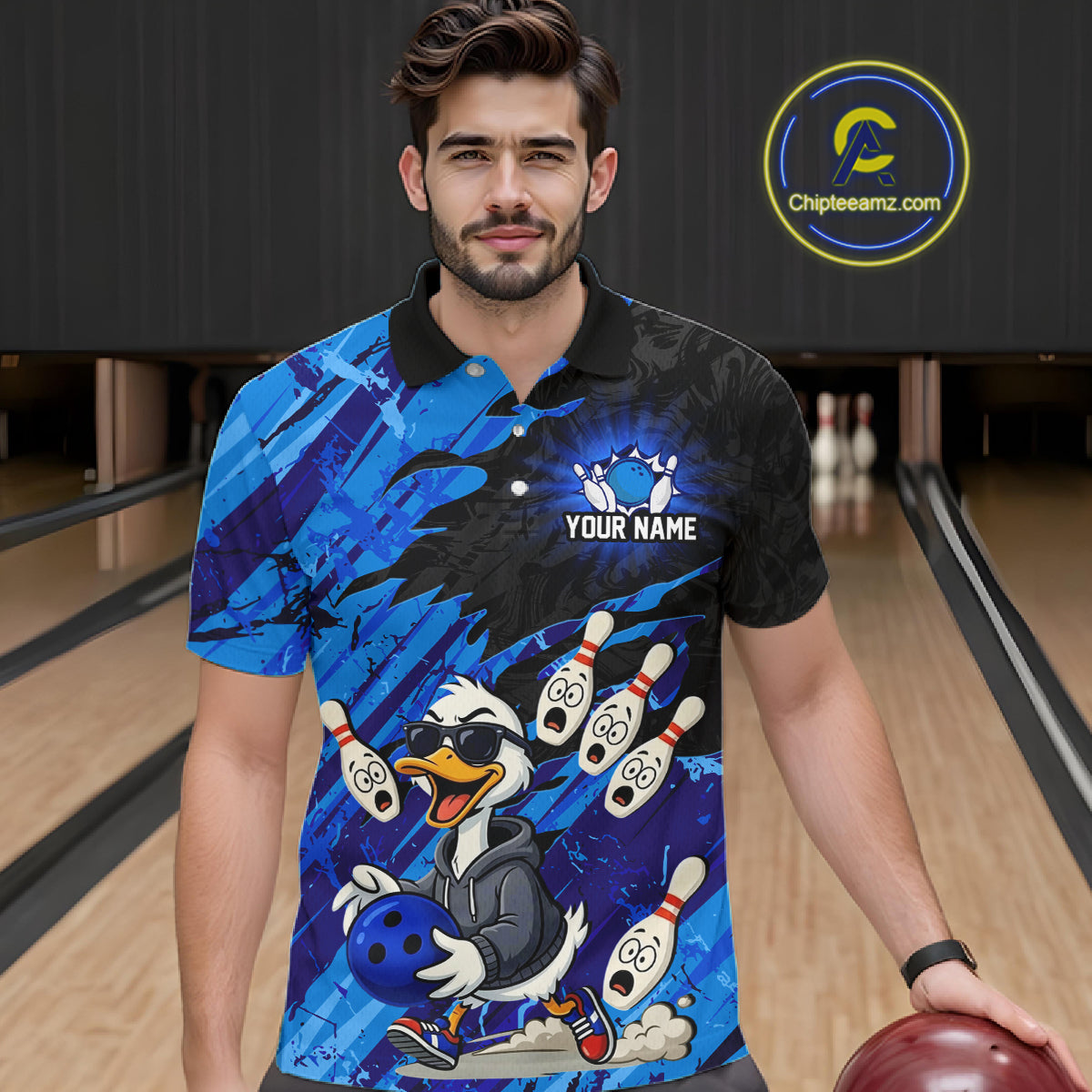 Blue Funny Duck Bowling Shirt for Men Custom Bowling Team Jersey Bowling League Polo & Quarter-Zip QZT944