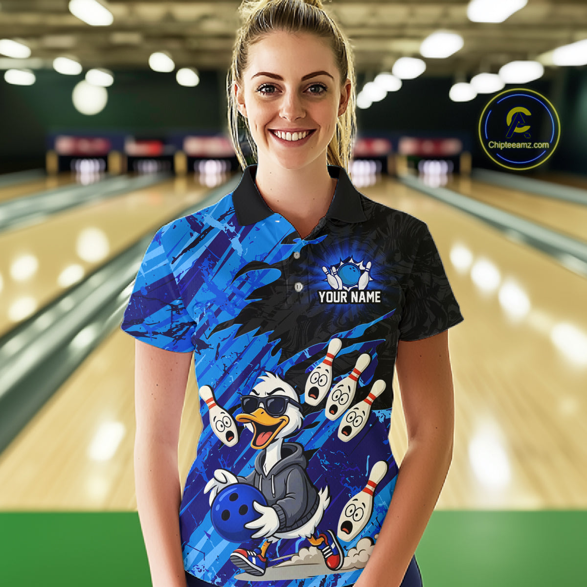 Blue Funny Duck Bowling Shirt for Women Custom Bowling Team Jersey Bowling League Polo & Quarter-Zip QZT944