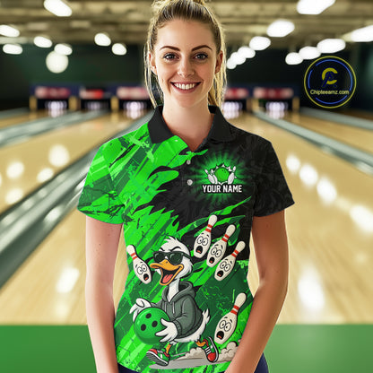 Green Funny Duck Bowling Shirt for Women Custom Bowling Team Jersey Bowling League Polo & Quarter-Zip QZT944