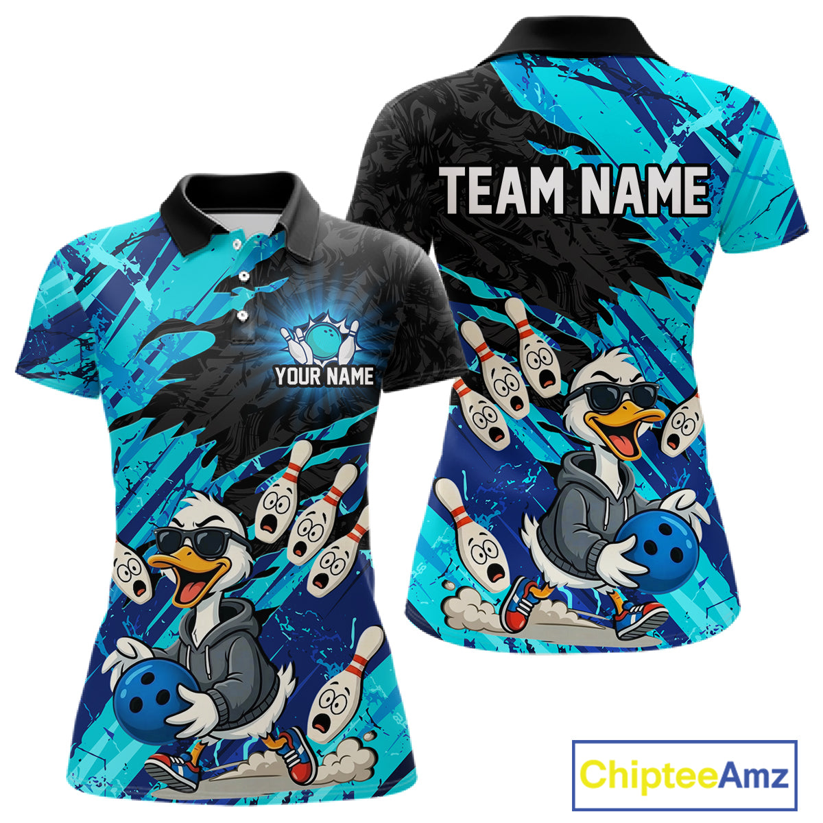 Cyan Funny Duck Bowling Shirt for Women Custom Bowling Team Jersey Bowling League Polo & Quarter-Zip QZT944
