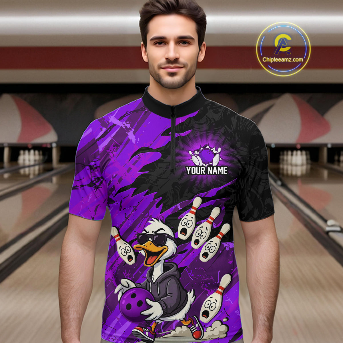 Purple Funny Duck Bowling Shirt for Men Custom Bowling Team Jersey Bowling League Polo & Quarter-Zip QZT944