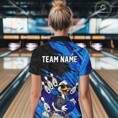 Blue Funny Duck Bowling Shirt for Women Custom Bowling Team Jersey Bowling League Polo & Quarter-Zip QZT944