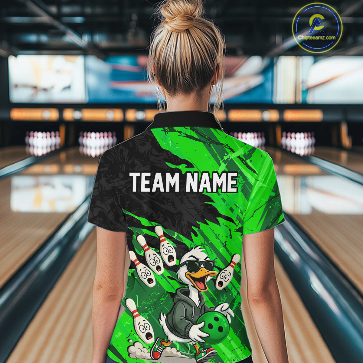 Green Funny Duck Bowling Shirt for Women Custom Bowling Team Jersey Bowling League Polo & Quarter-Zip QZT944