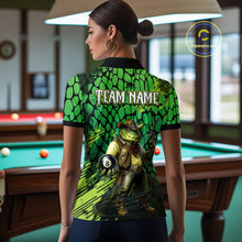 Load image into Gallery viewer, Person wearing a green and black patterned shirt with a graphic design in a pool hall.
