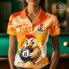 Load image into Gallery viewer, Person wearing a colorful shirt with a cartoon chicken holding a pool ball design, with 'Your Name' text.