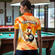 Load image into Gallery viewer, Woman wearing a colorful shirt with a chicken and number 8 design in a pool hall.