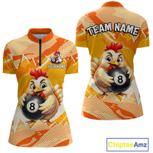Load image into Gallery viewer, Colorful sports jersey with a chicken holding a pool ball design, customizable text, and brand 'Chiptee Amz' visible.