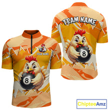 Load image into Gallery viewer, Colorful sports jersey with cartoon chicken holding a pool ball, customizable text, and brand 'Chiptee Amz'.