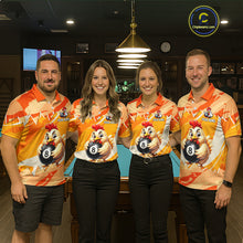 Load image into Gallery viewer, Four people wearing matching orange and yellow shirts with a chicken and pool ball design in a bar setting.