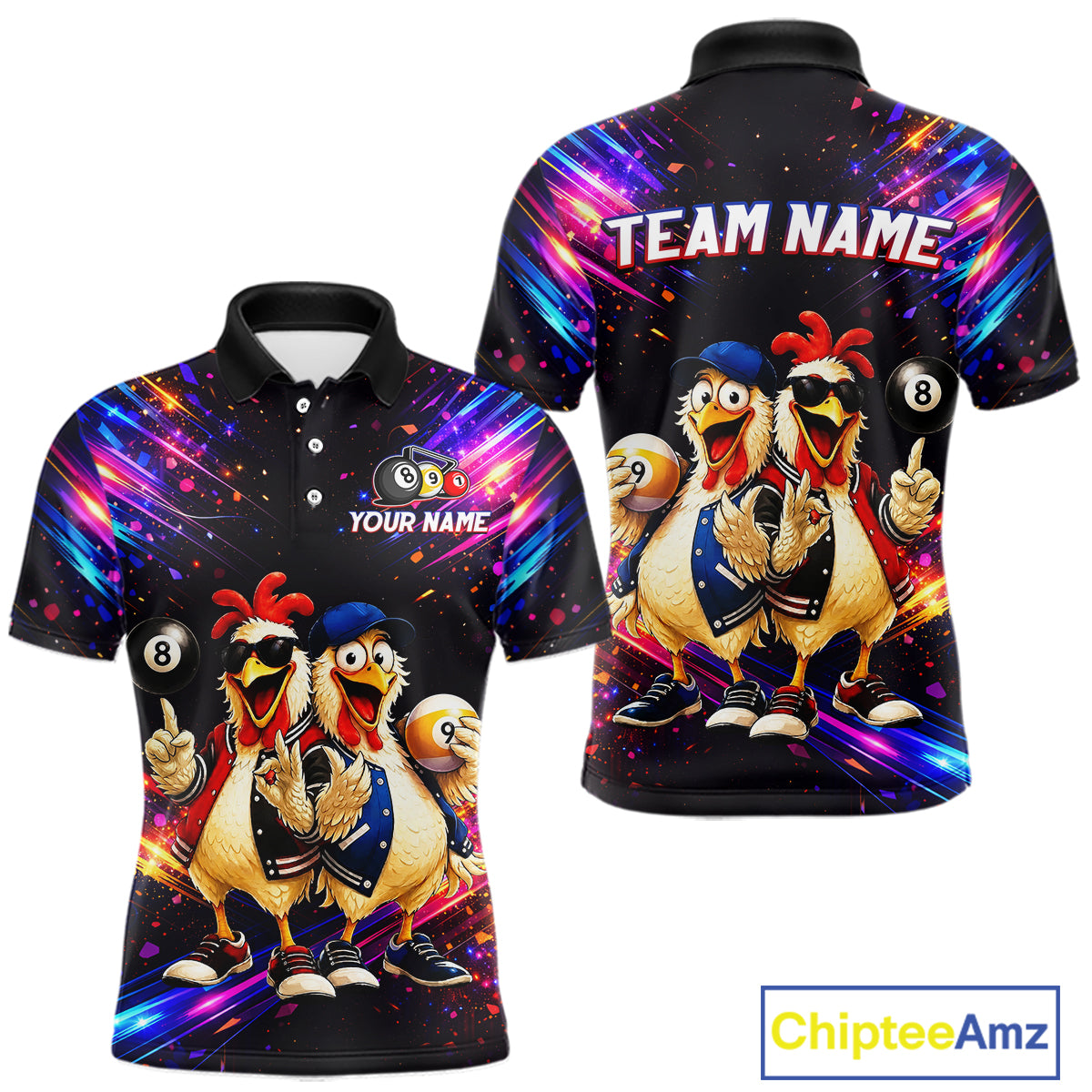 Colorful polo shirt with cartoon chickens and customizable text on a white background