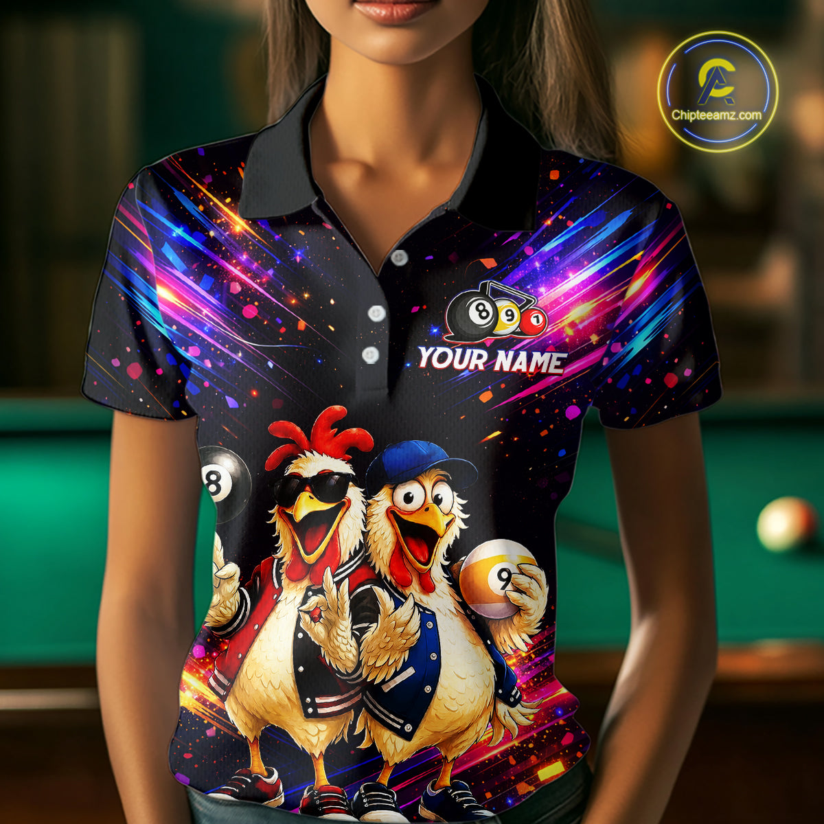 Custom Neon Funny Chicken Billiard Shirt for Women Colorful 8 Ball & 9 Ball Shirt Buddy Billiard Jersey BHT43