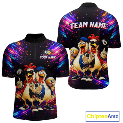 Custom Neon Funny Chicken Billiard Shirt for Men Colorful 8 Ball & 9 Ball Shirt Buddy Billiard Jersey BHT43