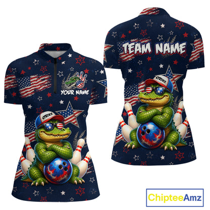 Custom American Flag Alligator Bowling Shirt for Women Patriotic Bowling Jersey Polo & 1/4-Zip QZT1029
