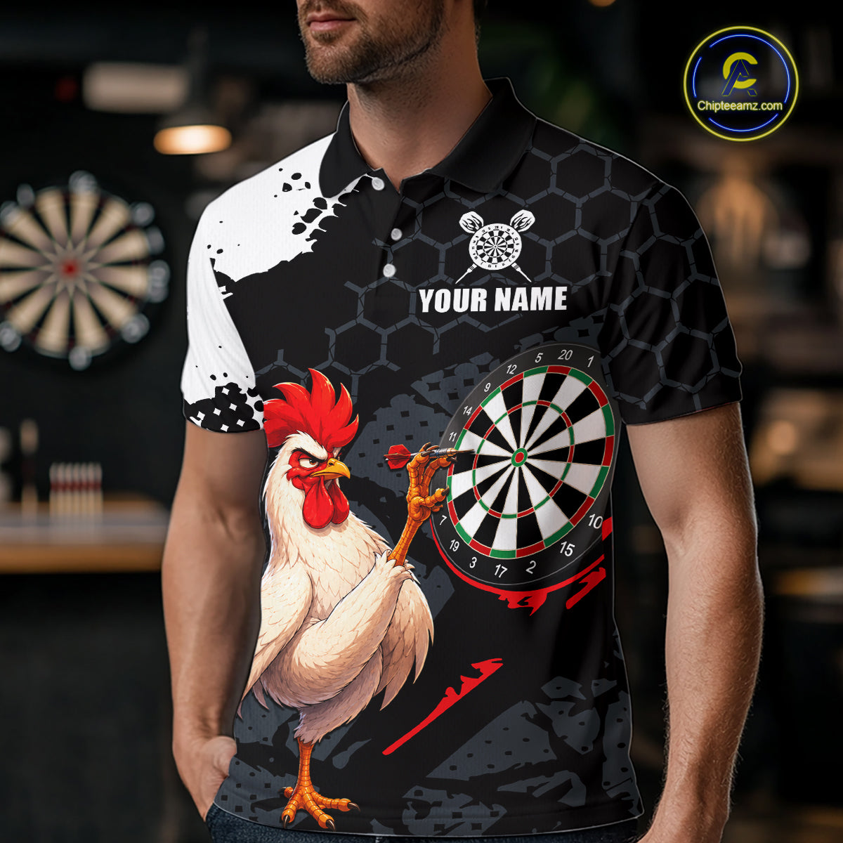 Custom Black & White Funny Chicken Dart Shirt for Men Dart Team Jersey Dartboard Outfit DHT52
