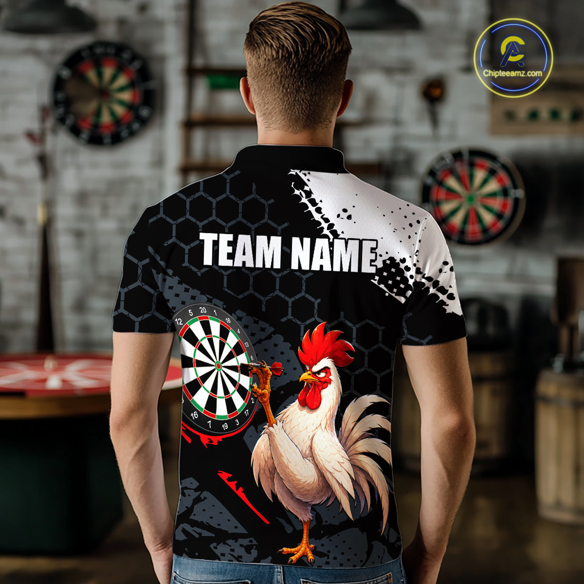 Custom Black & White Funny Chicken Dart Shirt for Men Dart Team Jersey Dartboard Outfit DHT52