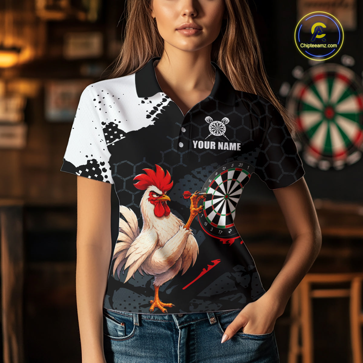 Custom Black & White Funny Chicken Dart Shirt for Women Dart Team Jersey Dartboard Outfit DHT52