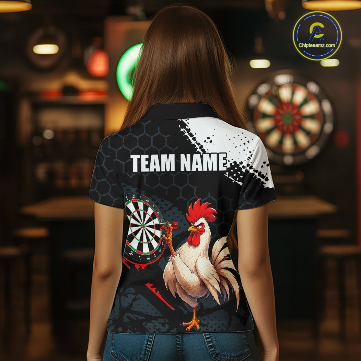 Custom Black & White Funny Chicken Dart Shirt for Women Dart Team Jersey Dartboard Outfit DHT52