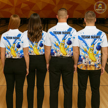 Load image into Gallery viewer, Four people wearing matching bowling shirts with a cartoon character design on a bowling alley.