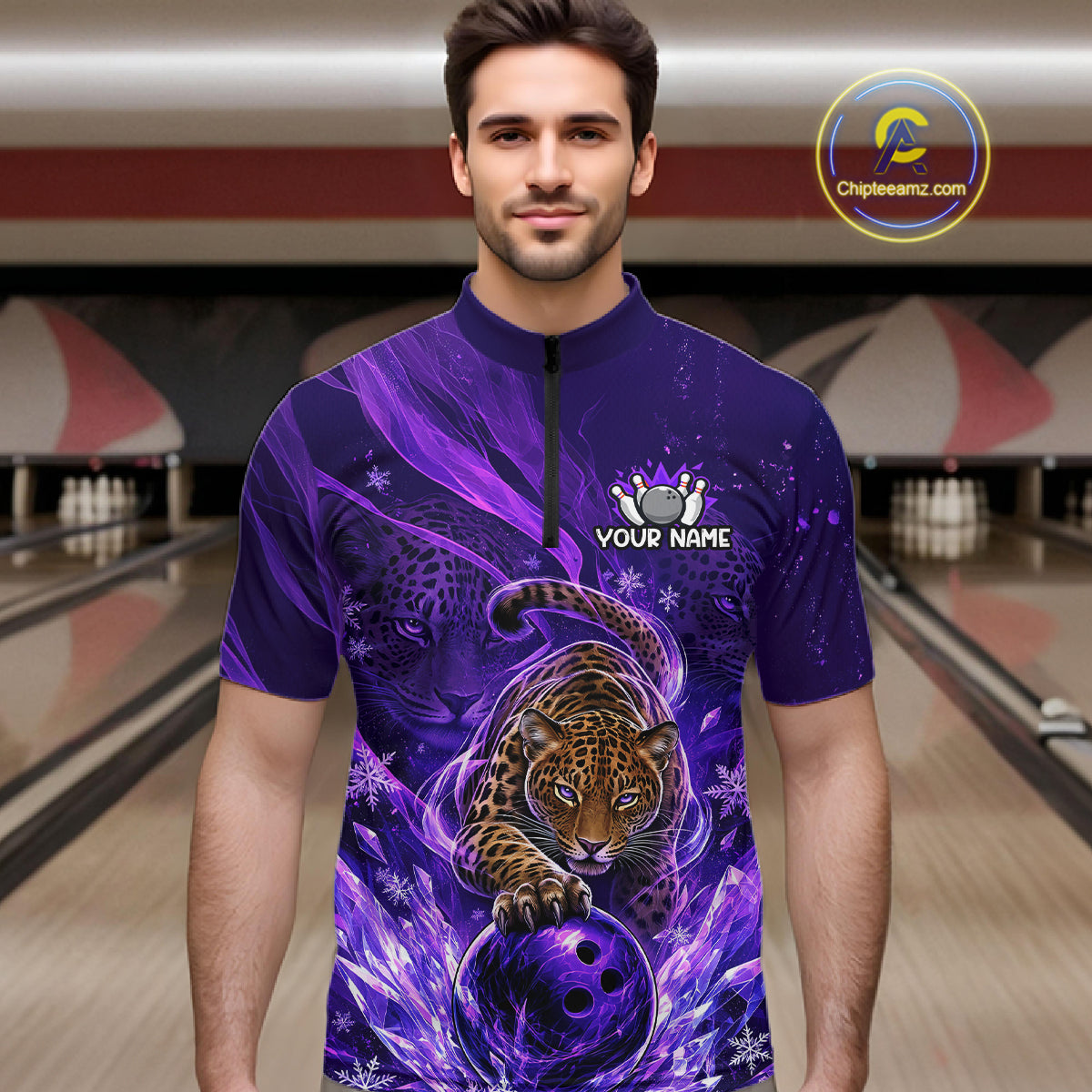 Custom Leopard Bowling Team Shirt for Men Purple Bowling Jersey QZT1290