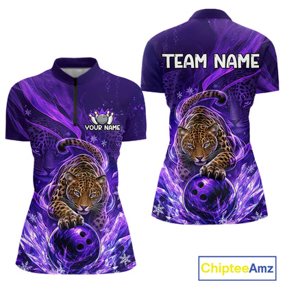 Custom Leopard Bowling Team Shirt for Women Purple Bowling Jersey QZT1290