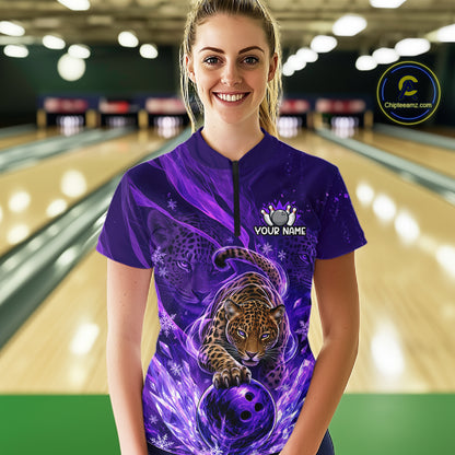 Custom Leopard Bowling Team Shirt for Women Purple Bowling Jersey QZT1290