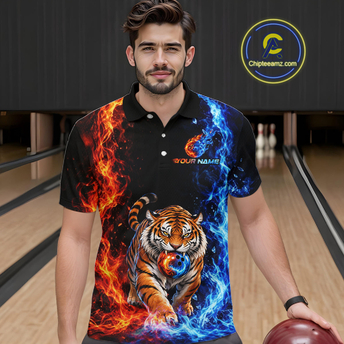 Custom Tiger Bowling Team Shirt for Men Orange & Blue Bowling Jersey QZT1291