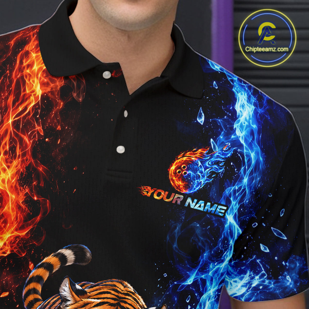 Custom Tiger Bowling Team Shirt for Men Orange & Blue Bowling Jersey QZT1291